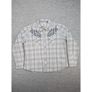 Panhandle Pearl Snap Shirt Womens XL Gray Plaid Embroidered Western Rodeo